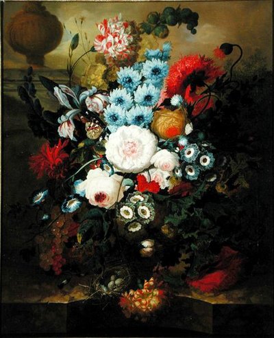 Œillets, Gloire du Matin, Roses, Auricules, Jacinthe et autres fleurs avec un nid d