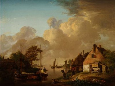 Paysage fluvial avec village, barges et paysans - Jan van Os