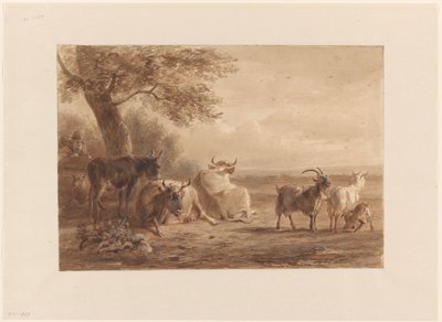 Bétail sous un arbre et un homme avec un panier - Jan van Ravenswaay