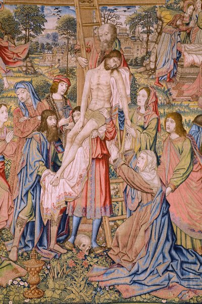 Tapisserie flamande. Série La Passion du Christ : Descente de la croix (détail) - Jan van Roome