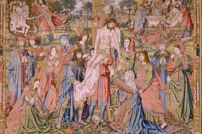 Tapisserie flamande. Série La passion du Christ : Descente de croix. Manufacture Pieter van Aelst. Dessinateur Jan van Roome. Vers 1507-1520. (détail) - Jan van Roome