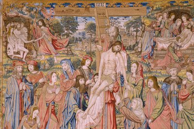 Tapisserie flamande. Série La passion du Christ : Descente de croix. Manufacture Pieter van Aelst. Dessinateur Jan van Roome. Vers 1507-1520. (détail) - Jan van Roome
