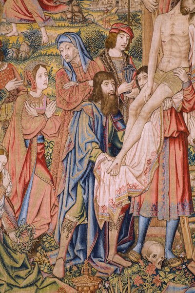 Tapisserie flamande. Série La Passion du Christ : Descente de la croix. Manufacture Pieter van Aelst. Dessinateur Jan van Roome. Vers 1507-1520. (détail) - Jan van Roome