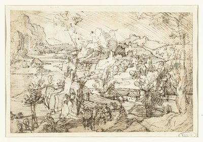 Paysage avec rochers, figures et un voilier - Jan van Scorel (attributed to)
