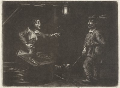 Scène nocturne avec vendeuse de poissons et un homme urinant - Jan van Somer