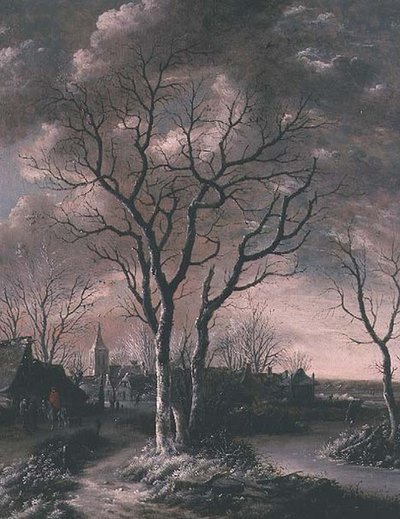 Paysage de rivière gelée avec des voyageurs sur un chemin - Jan van de Capelle or Cappelle