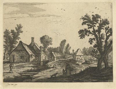 Vue de village avec femme et enfant dans la rue du village - Jan van de Cappelle (attributed to)