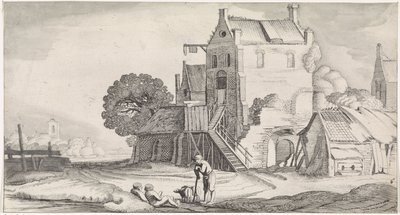 Trois figures conversant près d