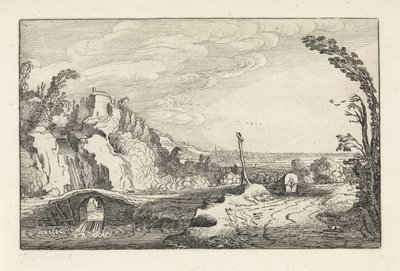 Chariot couvert sur un chemin dans un paysage fluvial montagneux (Landschappen, Amenissimae aliquot requculae) - Jan van de Velde (II)