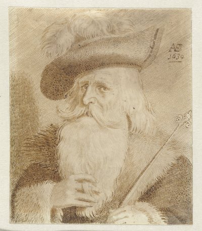 Homme avec col en fourrure, chapeau et bâton - Jan van de Velde (II)