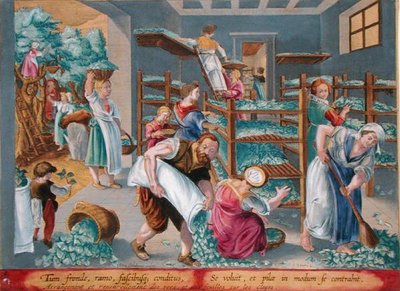 Femmes alignant des étagères avec des feuilles de mûrier pour les vers à soie, planche 5 de 
