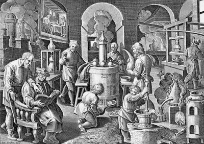 Distillatio.: In igne succus omnium, arte, corporum, Vigens fit unda, limpida et potissima. Gravure du XVIe siècle par Jan van der Straet, sur les différentes étapes de la distillation. - Jan van der Straet