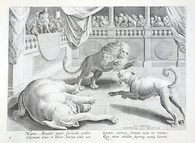 Alexandre le Grand met en scène un spectacle, un combat de lion, chien et éléphant, illustration de 