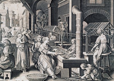 Vermis sericus, femmes filant la soie et chauffant des vers à soie sur le feu, gravure de Stradanus (1523-1605), Italie - Jan van der Straet