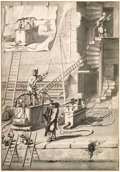 Comparaison des anciennes pompes à incendie avec la pompe à incendie de Van der Heyden - Jan van der Heyden