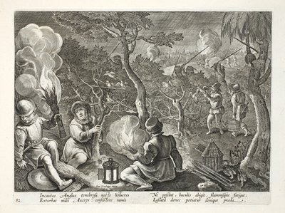 Chasseurs attrapant des oiseaux la nuit, illustration de 