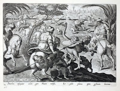 Maures à cheval chassant des autruches, planche 62, illustration de 