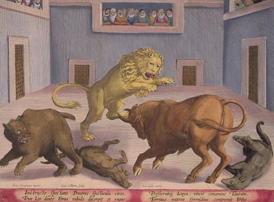 Nobles regardant le combat de bêtes sauvages dans un cirque intérieur, planche 12 de 
