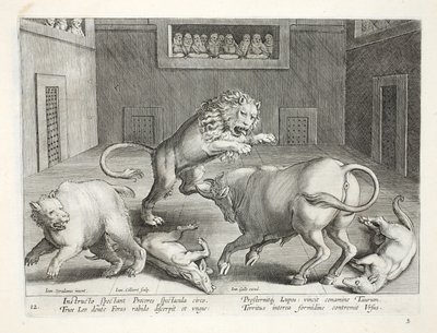 Des nobles regardent le combat de bêtes sauvages dans un cirque intérieur, illustration de 