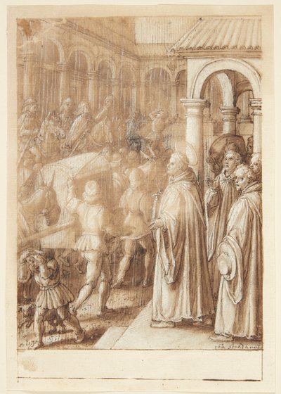 Histoire de S. Giovanni Alberti Fiorentino. Le saint accuse les évêques de Florence de simonie sur la place publique - Jan van der Straet