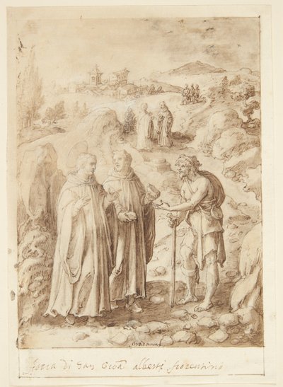 Histoire de S. Giovanni Alberti Fiorentino. Le saint et le moine accompagnateur donnent leur dernier pain à un mendiant - Jan van der Straet