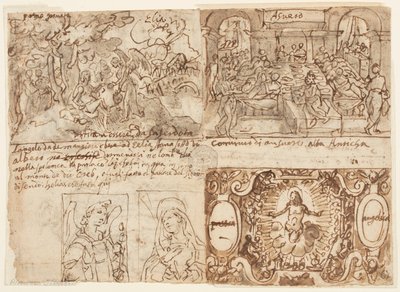 Paysage boisé avec Élie réveillé et nourri par un ange sur le mont Horeb (1 Rois 19:5-6); Le banquet du roi Assuérus (Esther 1: 1-6); Christ entouré d