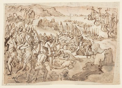 Conquête des îles Philippines, conception préliminaire pour peinture en grisaille réalisée par le fils de Stradanus, Scipione, pour les obsèques en mémoire de Philippe II d