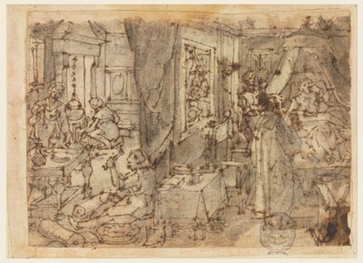 Découverte du gaïacum comme remède contre les maladies vénériennes, conception pour "Hyacum et lues venerea," planche 6 de la série d