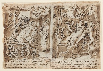 Page de carnet de croquis ; Pouvoirs célestes aidant les pieux ; Croquis pour portrait de saint ; Décoration de fronton - Jan van der Straet, called Stradanus