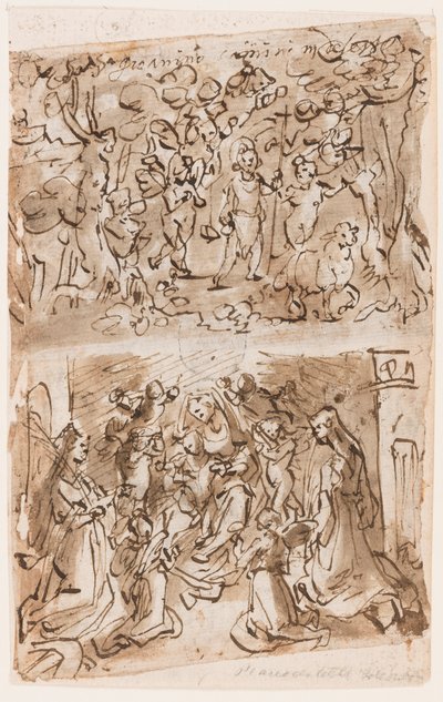 Recto, en haut : Jeune Saint Jean-Baptiste guidé par des Anges dans le Désert; Recto, en bas : Sacra Conversazione avec les Saintes Barbara et Catherine; Verso, en haut : Crucifixion; Verso, en bas : Christ guérissant des paralytiques près de la piscine de - Jan van der Straet, called Stradanus
