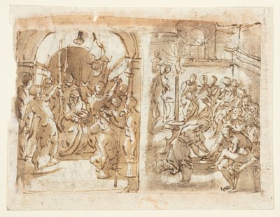 Recto, gauche : La dérision du Christ ; Recto, droite : Le Christ lavant les pieds des apôtres ; Verso : Exécution de Mary Stuart, reine d