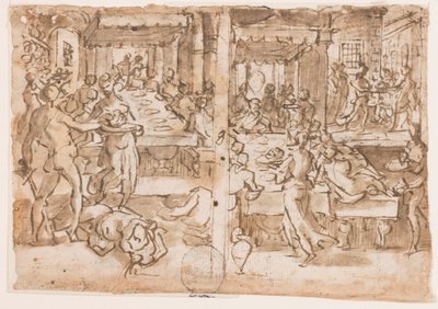 Recto, droite : Décapitation de Saint Jean-Baptiste, Recto, gauche : Salomé recevant la tête de Saint Jean-Baptiste par le bourreau, conception pour pl.10 dans la Vie de Saint Jean-Baptiste Verso : Le corps d