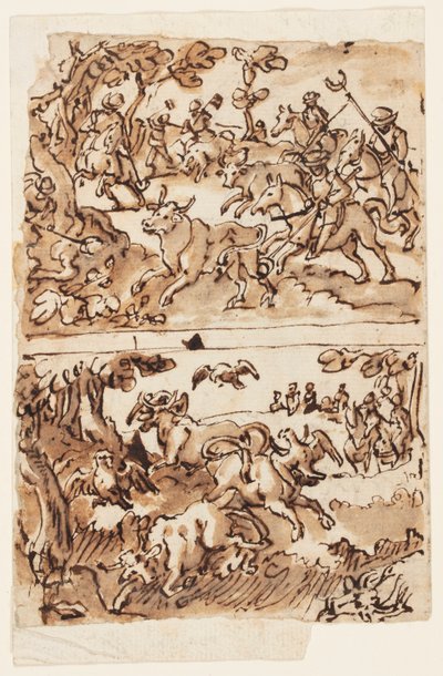 Page de carnet de croquis avec chasses au taureau - Jan van der Straet, called Stradanus