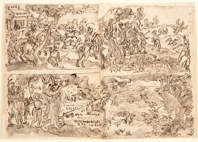 Page de carnet de croquis avec quatre scènes de chasse - Jan van der Straet, called Stradanus