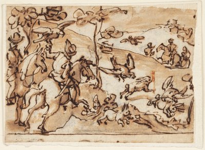 Page de carnet de croquis avec chasse au lièvre et faucons - Jan van der Straet, called Stradanus