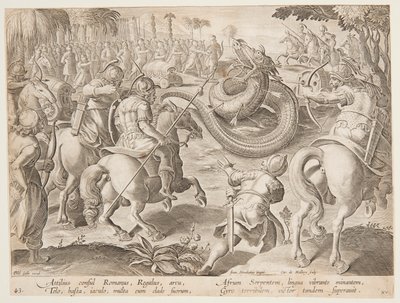 Le Consul Romain Attilius Regulus Combattant un Serpent Géant Africain, planche 25 de la série Venationes Ferarum - Jan van der Straet, called Stradanus