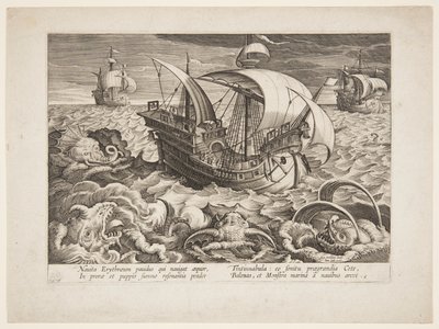 Trois navires entourés de monstres - Jan van der Straet, called Stradanus