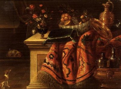 Une nature morte avec un vase de fleurs, des fruits dans un bol, une aiguière et une assiette en vermeil et un coussin - Jan van the Elder (follower of) Kessel
