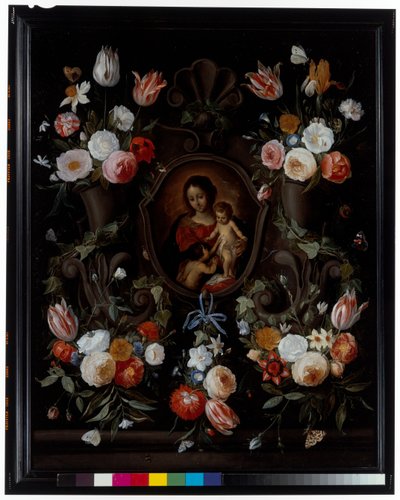 Cartouche en pierre orné de fleurs et de papillons - Jan van the Elder Kessel