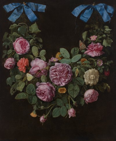 Guirlande de roses suspendue par des rubans bleus - Jan van the Elder Kessel