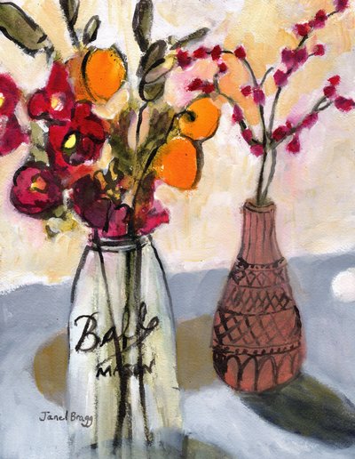 Nature morte avec pot de conserve et fleurs, vers 2020 (aquarelle sur papier) - Janel Bragg