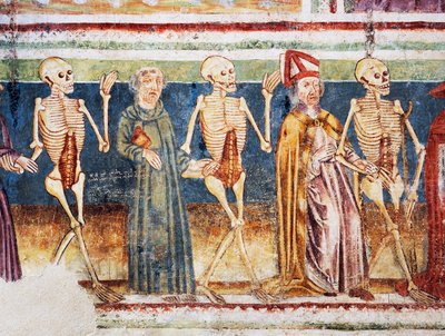 Église fortifiée de Hrastovlje, Église de la Trinité, La Mort accompagnant un évêque et un moine, Danse macabre (1490), détail des fresques de Janez Iz Kastva, Slovénie - Janez Kastav
