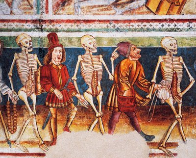Église fortifiée de Hrastovlje, Église de la Trinité, La Mort accompagnant un marchand et un riche banquier, Danse macabre (1490), détail des fresques de Janez Iz Kastva, Slovénie - Janez Kastav
