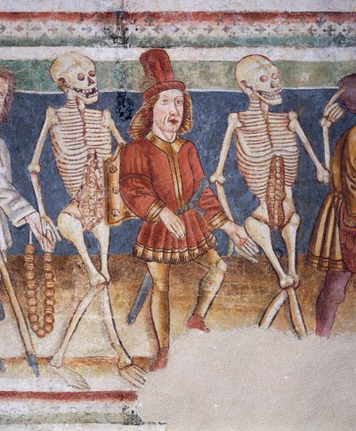 Église fortifiée de Hrastovlje, Église de la Trinité, La Mort accompagnant un marchand et un riche banquier, Danse macabre (1490), détail des fresques de Janez Iz Kastva, Slovénie - Janez Kastav