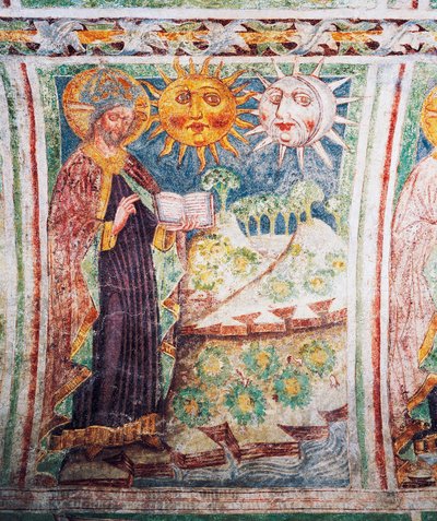 Église fortifiée de Hrastovlje, Église de la Trinité, Genèse, Dieu crée le soleil, la lune et les étoiles (1490), détail des fresques de Janez Iz Kastva, Slovénie - Janez Kastav