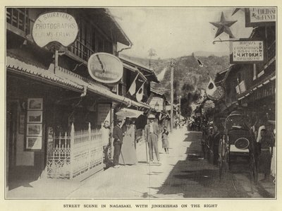Scène de rue à Nagasaki, avec des Jinrikishas à droite - Japanese Photographer