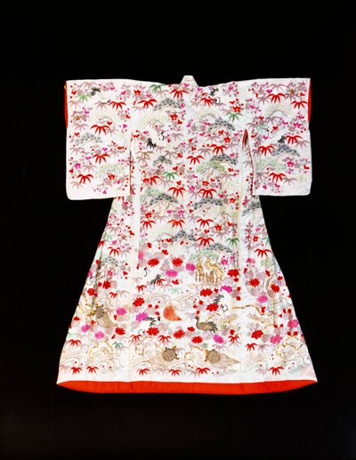 Un furisode en damas de soie blanche pochoiré de feuilles de bambou et de fleurs de prunier - Japanese School