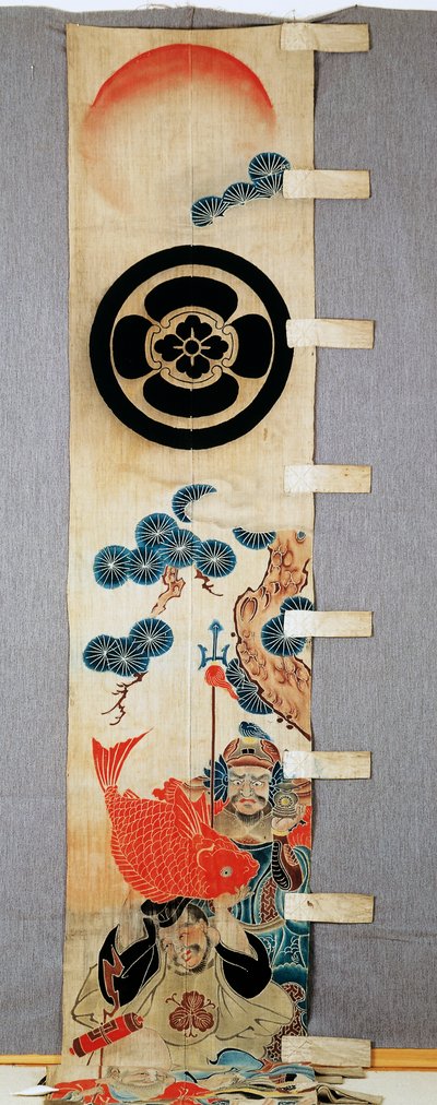 Bannière (nobori), détail des motifs des Sept Dieux de la Fortune, armoiries familiales, fleur en cercle, en coton, teinté en réserve avec de l