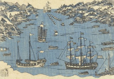 Impression de Bunkindo de navires étrangers dans le port de Nagasaki, 1800-50 - Japanese School