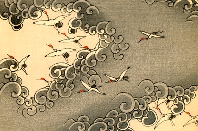 Grues volant dans des nuages gris - Japanese School